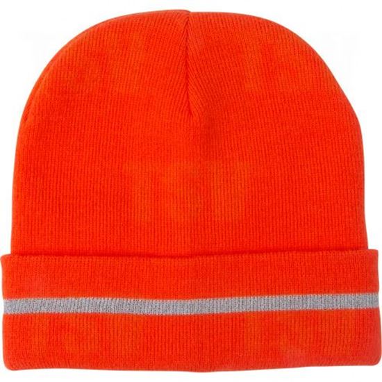 Image sur Bonnet en tricot orange haute visibilité avec bande réfléchissante